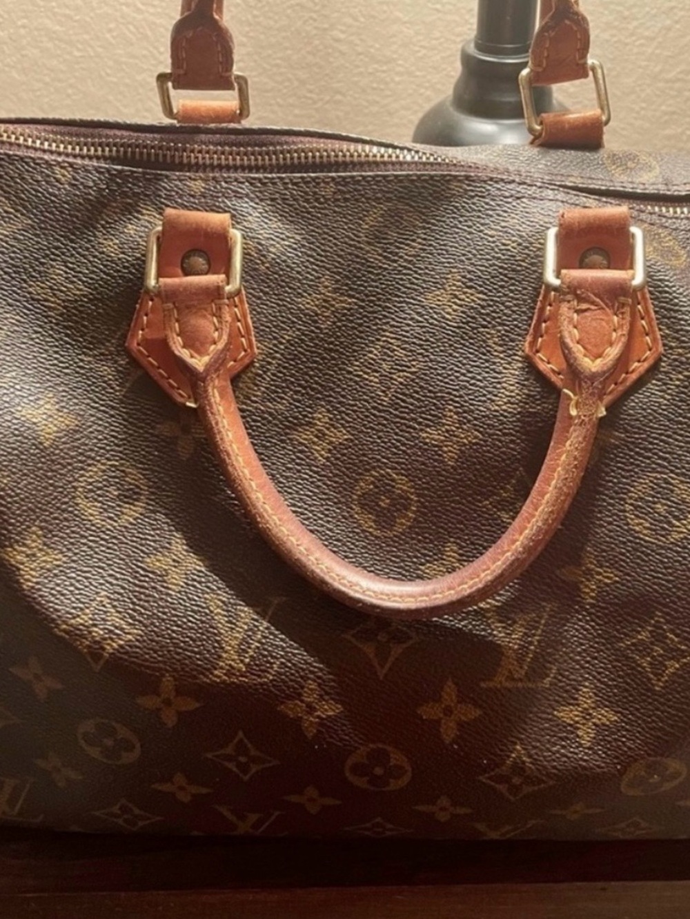 Louis Vuitton Brown Monogram Canvas Handbag with Tan Leather Trim